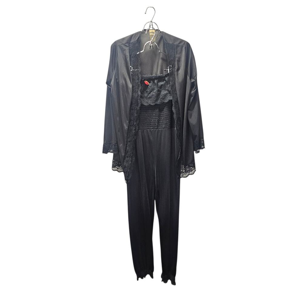 Vintage 70's Undercover Wear Satin Pajamas Set Peignoir Robe Romper Jumper Large